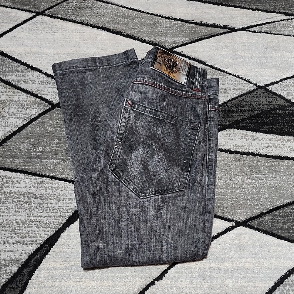 VINTAGE SOUTHPOLE BLACK DIAMOND WASH STUDDED STRAIGHT LEG DENIM JEAN